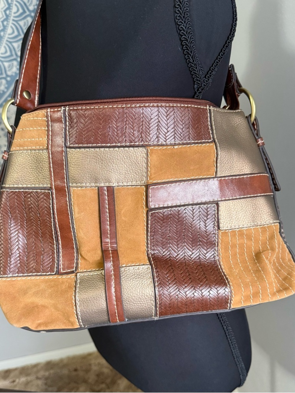 Relic by Fossil Leather Patchwork Shoulder Bag Brown Tan Multi Color Hobo Purse